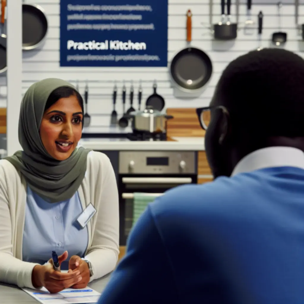 Konsultacja zakupowa z klientem dotycząca produktów kuchennych