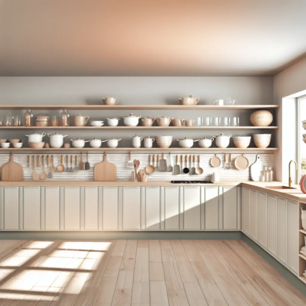 Stylowa, jasna kuchnia z wyeksponowanymi produktami Kitvoryx