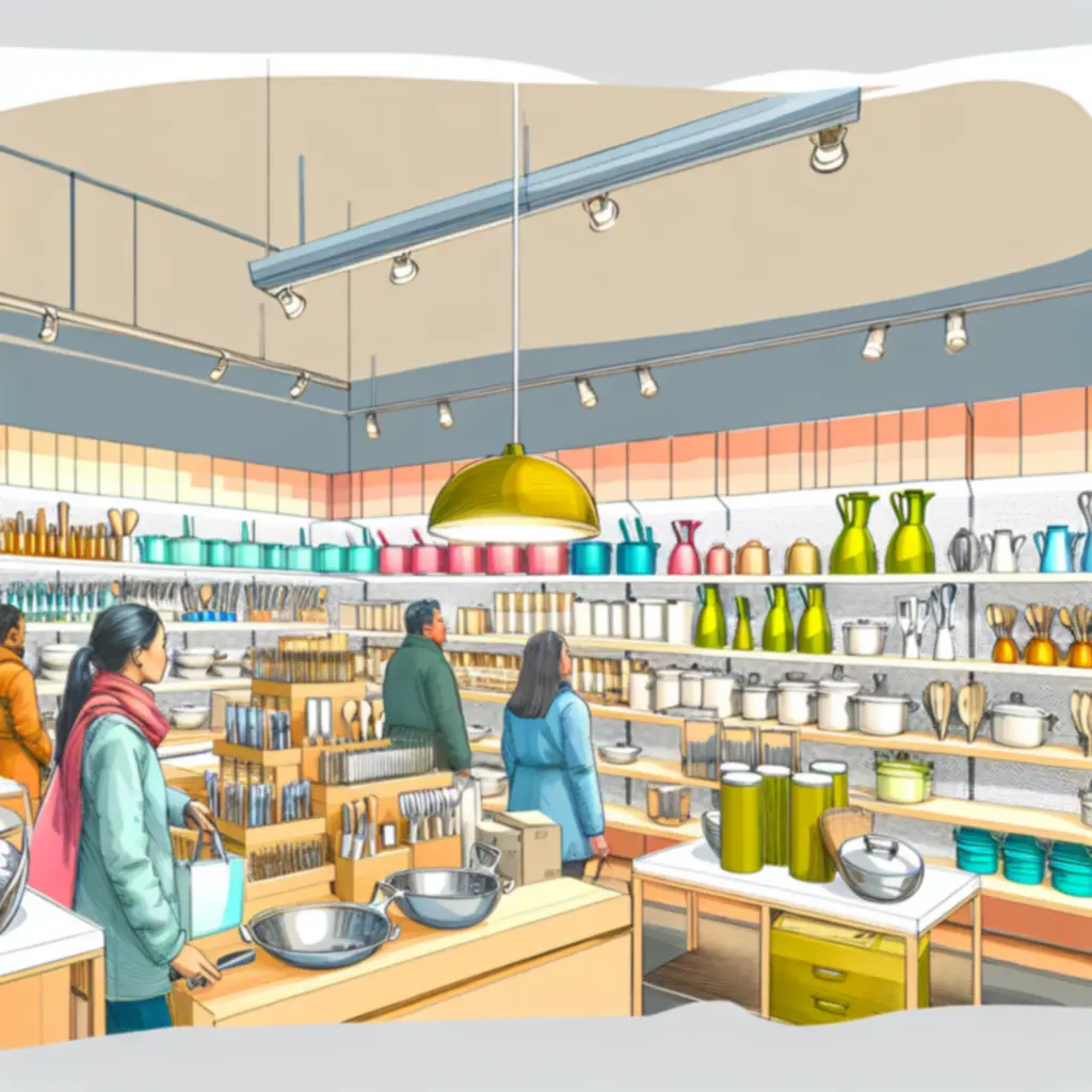 Wnętrze sklepu Kitvoryx z półkami pełnymi akcesoriów kuchennych